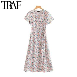 TRAF Women Chic Fashion Floral Print Midi Dress Vintage Wrap V Neck Short Sleeve Female Dresses Vestidos Mujer 210415