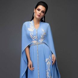 2021 Blue Plus Size Arabic Aso Ebi Sexy Chiffon Caftan Prom Dresses Embroidery Crystals Evening Formal Party Second Reception Gown276G