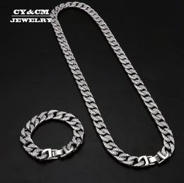 Heavy Miami Cuban Chain Full Rhinestone Bracelet Necklace Set Gold Silver Colour 13mm Choker for Men's Hip hop Iced Out Necklaces X0509