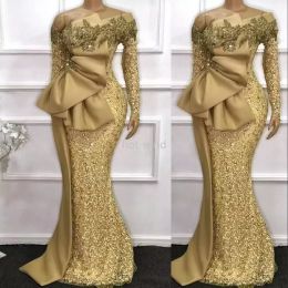Arabic Mermaid Evening Dresses Wear Gold Sequined Lace Custom Made Sexy Off Shoulder Prom Long Sleeve Robe De Marrige Sweep Train Sequins Gowns Beads With Bow EE