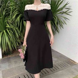 High Quality Hepburn Black And White Patchwork Lace Long Summer Dress Women Puff Sleeve Vintage Party Vestidos 210514