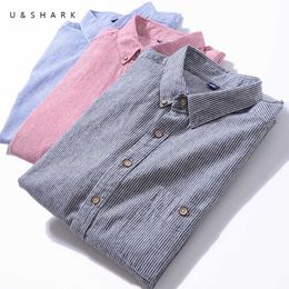 U&SHARK Striped Shirts for Men Long Sleeve Casual Shirt Cotton Oxford Dress Shirt Red Blue Slim Fit Business Formal Soft Fabric 210603