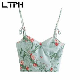 vintage chiffon print floral women sleeveless tanks crop Short elastic slim corset top sexy camisole tops Summer 210427