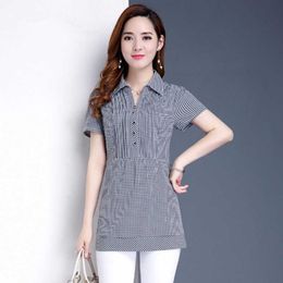 Formal Office Work Wear Women Spring Summer Style Blouses Shirts Lady Casual Plaid Printed Short Sleeve Blusas Tops DF2966 210609