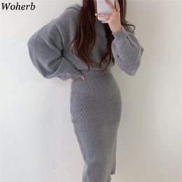 Women's Winter Knitted Midi Dress Autumn O-Neck Hooded Bodycon Slim Fit Dresses Femme Robe Solid Warm Vestidos 4f850 210519