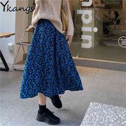 Vintage Blue Floral Print Pleated Skirt Women Elastic High Waist Retro Purple Skirts Spring Summer Elegant Female Bottom 210421