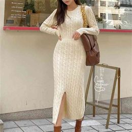 autumn and winter products Korean temperament round neck waist twist knit dress women knitting Cotton Office Lady 210416