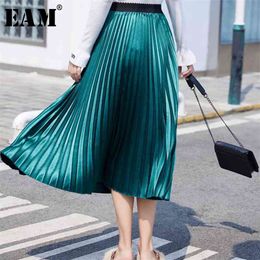 [EAM] High Elastic Waist Brief Multicolor Pleated Elegant Long Half-body Skirt Women Fashion Tide New Spring Autumn 1X123 210412