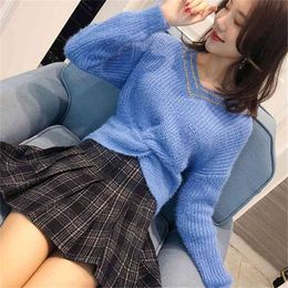 Female Sweater Autumn And Winter Women's Loose Head Solid Colour Long Sleeve Embroidered Knit Top 210427