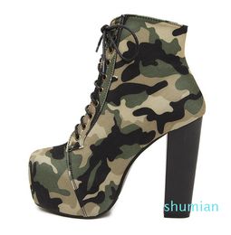 2022 Autumn Winter Women Ankle Boots Super High Heels Lace Up Leather 4.5cm Platform Camouflage Short Boot Women Shoes