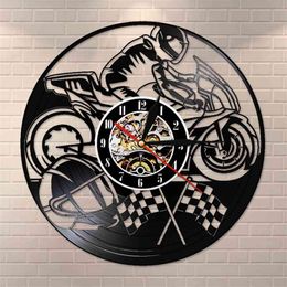 Motorcycle Vinyl Record Wall Clock Motorbike Decorative Clock Motorcyclist Racer Riders Gift Home Art Modern Wall Hanging Decor 210401