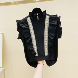 Luxury Design Summer Women's Sleeveless Beading Ruffles Shirt Female Ladies Shirts Blouse Tops A3635 210428