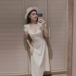 Women French White A- Line Sexy Bubble Dresses Casual Clothes Short Sleeve Summer Solid Party Maxi Dress 210422