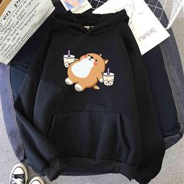 Boba Tea Hoodie Cute Dog Hooded Sweatshirt Harajuku Hoodies Lovely Kawaii Casual Hoody O-Neck Women's Clothes 210805