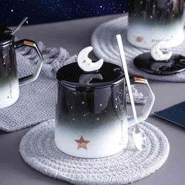 Creative star mug individual trend ceramic water cup Nordic milk coffee tea cup with lid spoon 210409