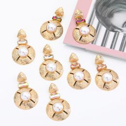 Round Gold Metal Pearl Crystal Dangle Earrings Long Statement Luxury Drop Ear Ring Fashion Jewellery Accessories For Women