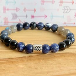 MG1308 Womens Aquarius Zodiac Bracelet Natural Sodalite Labradorite Yoga Mala Spiritual Balance Wrist Mala Jewelry