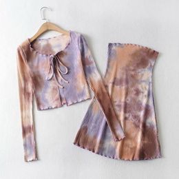 Autumn Casual V-Neck 2 piece sets womens outfits tie-dye suit cardigan tube top skirt female clothing 210420