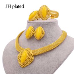 -Afrikaner 24k Gold Farbe Schmuck Sets für Frauen Dubai Braut Hochzeit Frau Geschenke Edelstein Halskette Armband Ohrringe Ring Schmuckset 210619