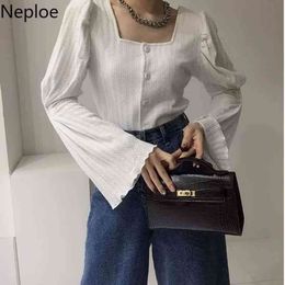 Neploe Vintage Sweater Women Square Collar Tops Fashion Korean Flare Sleeve Knitted Pullover Shirts Pleated Cardigan White Tops 210422