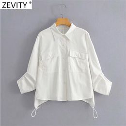 Women Fashion Double Pockets Patch White Smock Blouse Female Casual Loose Kimono Shirts Chic Blusas Tops LS7681 210416