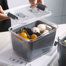 Refrigerator Containers With Lid PET Fresh-Keeping Fruit Vegetable Drain Crisper Kitchen Storage Box 210331