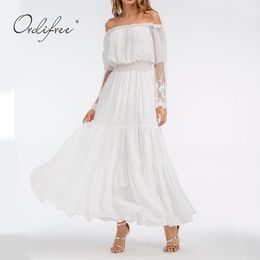 Summer Women Off Shoulder Maxi Sleeve Slash Neck Strapless Sexy White Lace Tunic Long Beach Dress 210415