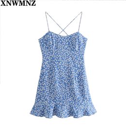 women Fashion Blue Print Strap mini Dress woman v-neck Sleeveless Backless ruffled hem side Zipper Female Sundress 210520