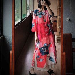 Johnature Summer Loose Casual Print Ramie Dress Vintage O-Neck Linen Half Sleeve Plus Size Women Retro Red Dress 210521