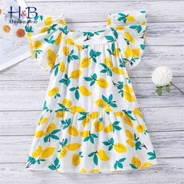 Girl Flying Sleeve Dress Summer Fashion Square Neck Lemon Printed Cute Toddler Kid Clothes 210611