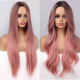 ALAN EATON Long Wavy Synthetic Ombre Black Pink Wigs for Women Cosplay Natural Middle Part Hair Wig High Temperature Fiber