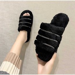 Women's Warm Slippers Furry Short Plush Crystal Plus Size Ladies Flat Shoes Female Comfort Woman Fashion Leisure Fluffy Footwear Y0731