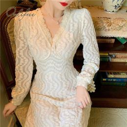 Spring Autumn Women White Lace Pule Size V Neck Long Sleeve Embroidery Tunic Elegant Party Midi Dress 210415