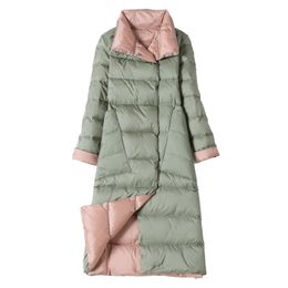 Double Sided Colour Light Women 90%Down Coat Solid Stand Collar Pockets Slim Ladies Coats Winter Fashion Ladies Down Jacket 210518