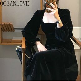 Korean Chic Velvet Women Dress Solid Puff Sleeve Vestidos Black Party Dresses High Wasit Ins Fashion 14124 210415