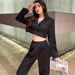 Spring Women Two Piece Set Fashion Notched Collar Long Sleeve Sexy Short Coat + High Waist Office OL Pants Suits 210519