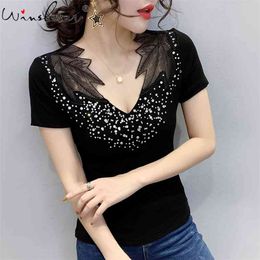 Summer Tshirt Short Sleeve Plunging V Neck Tee Tops Casual Women Cotton Fabric Breathable Lace Diamonds T Shirts T03805B 210421