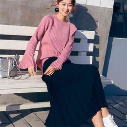 High Quality Fall Winter Korean Casual Knit Two Piece Set Women Flare Sleeve Pullover Sweater + Pleated Long Skirt 2 210514
