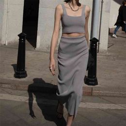 Summer Skirts Set Woman Ribbed Tube Tops High Waist Midi Office Ladies Suit 210421
