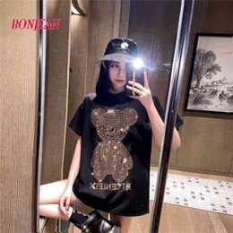 Beading Bear Women T-shirt Harajuku Oversize Short-Sleeved HIp Hop Women Cotton Loose Crystal Maxi Korean Female Clothes 210406
