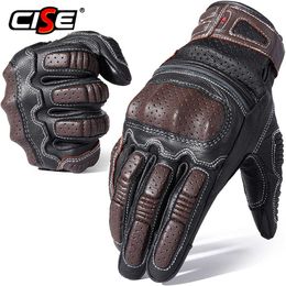 Genuine Leather Vintage Motorcycle Full Finger Gloves Rubber Guard Protection Touchscreen Motorbike Motocross ATV Racing Riding H1022