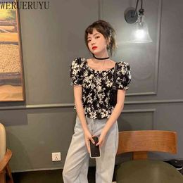 WERUERUYU Floral Sweet Small Fresh Chiffon Top Female Party Collar Bubble Sleeve Pleated Shirt Slim 210608