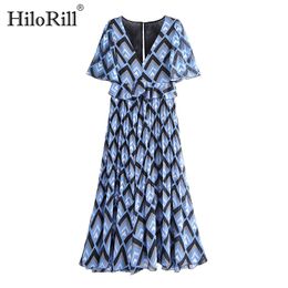 Women Geometric Print Pleated Dress V Neck Flare Short Sleeve Casual Long Maxi Ruffles Hollow Out Chiffon 210508