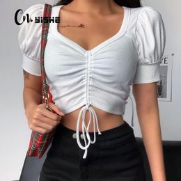 CNYISHE Summer Casual Short Sleeve T-shirts Drawstring Tops Women Tee T Shirts Slim Female Solid Crop Tops Streetwear Tops 210419