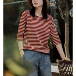 Arrival Summer Korean Style Women Casual Three Quarter Sleeve O-neck T Shirt All-matched Cotton Striped T-shirt W307 210512