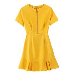 Short O Neck A-line Ruffle Mini High Waist Zipper Yellow Dress Female Women Summer Casual D0999 210514