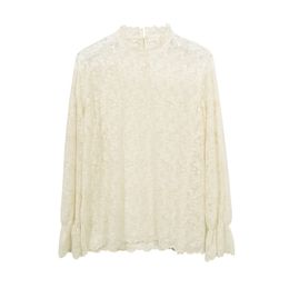 Women Stand Collar Lace Long Sleeve Embroidery Floral Beige See Through Top Blouse B0416 210514