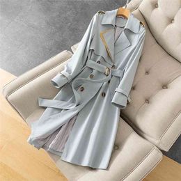 Korean Double Breasted Trench Coat Women Office Lady Notched Collar Full Sleeve Overcoat With Belt Elegant Long Chic Outerwear 210820