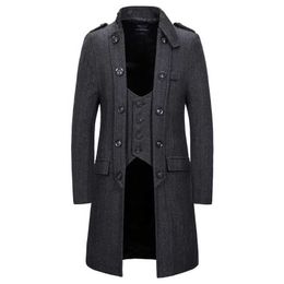 Men's Double Breasted Herringbone Tweed Wool Blend Long Trench Coat Fake Two Piece Stand Collar Formal Business Windbreaker 2XL 210522