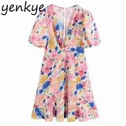 Multicolor Floral Print Dress Women V Neck Lantern Sleeve Elegant Lady es Fashion Female A-line Mini Summer vestido 210514